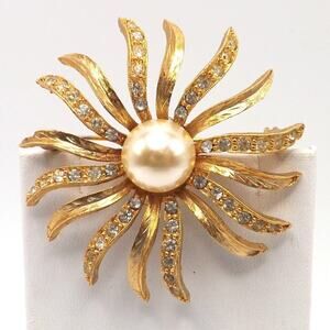 Mid Century Gold Tone Flower Brooch Faux Pearl Pave Rhinestones 2.25”